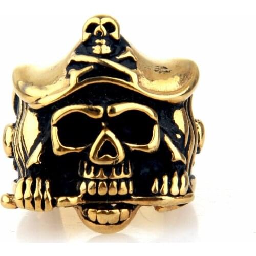 Mens Golden Pirate Skull Knife Caribbean Biker Stainless Steel Ring