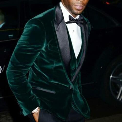 Green Velvet Evening Party Men Suits 2018 Black Peaked Lapel One Button Blazer Three Piece Groom Wedding Tuxedos