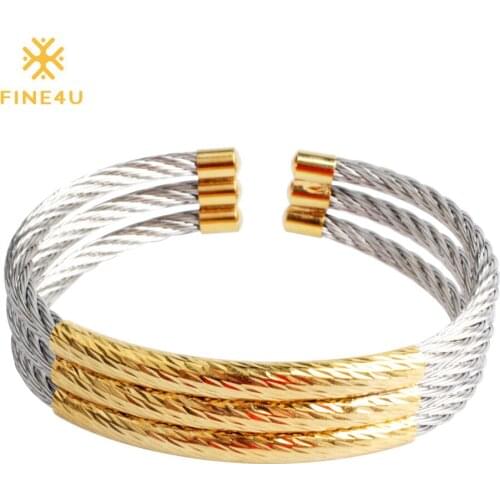 2018 New FINE4U B042 Multi-layer Cuff Bracelet Bangles For Men Women 316L Stainless Steel Twisted Open Bangle Bracelets