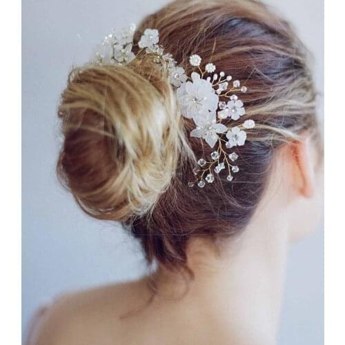 Popular brides wedding Hand-made Frosted flower hair comb Pearl crystal twisted Bead Hair Ornament