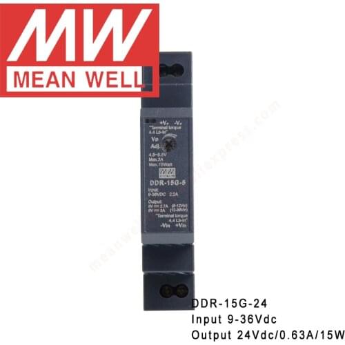 Original Mean Well DDR-15G-24 Din Rail Type DC-DC Converter meanwell 24V/0.63A/15W DC to DC Power Supply 9-36Vdc input