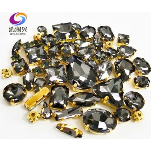 Factory sales 58pcs/pack Gold base gray top crystal glass sew on stones,mix size claw rhinestone diy/jewelry accessories SWG04