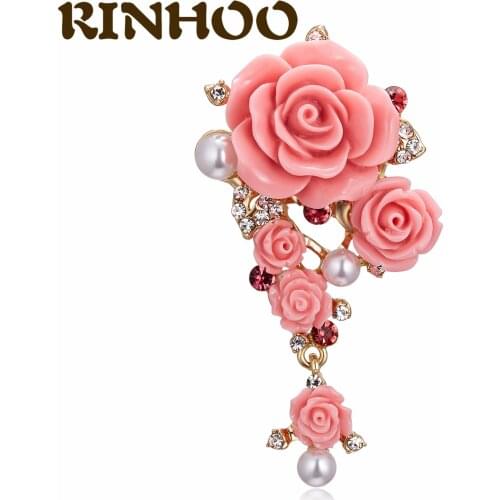 RINHOO Sweet Pink Rose Flower Brooches For Women Rhinestone Romantic Wedding Party Flower Brooch Pins Fashion Clothing Jewelry