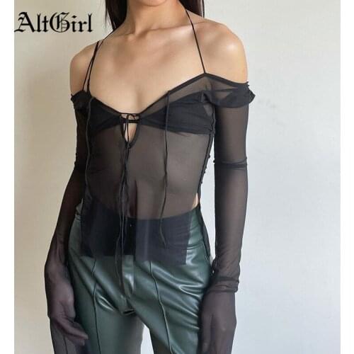 AltGirl Sexy Dark Gothic T-shirt Women Streetwear See Through Long Sleeve Strapless Tee Tops Mall Goth Punk Loose Black Mesh Top