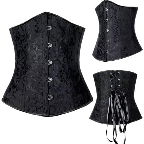 Sexy Gothic Lingerie Bustiers Black Satin Embroidered Corset PLASTIC bone Underbust Corsets Plus Size 8172