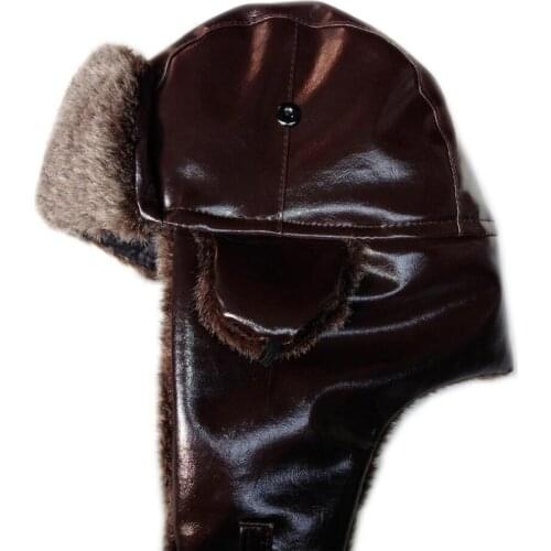 Winter Men Fur Bomber Hat Warm Earflap Brown Caps Ushanka Pu Leather Russian Fashion Ear Helmet