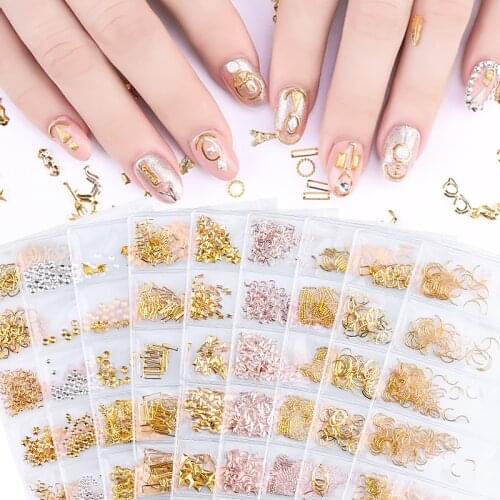 Mixed 3D DIY Hollow Metal Frame Nail Art Decorations Gold Rivet Manicure Accessories DIY Shell Slider Nail Studs CH698
