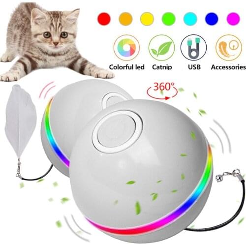 Smart Interactive Cat Toy Ball Colorful LED Self Rotating Ball With Catnip Bell Feather USB Rechargeable Cat Ball Toy Dropship