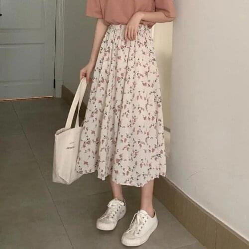 Vintage Floral Print A-line Pleated Long Skirts Summer Women Korean Sweet Skirt Streetwear Elastic Waist Midi Skirt Plus Size