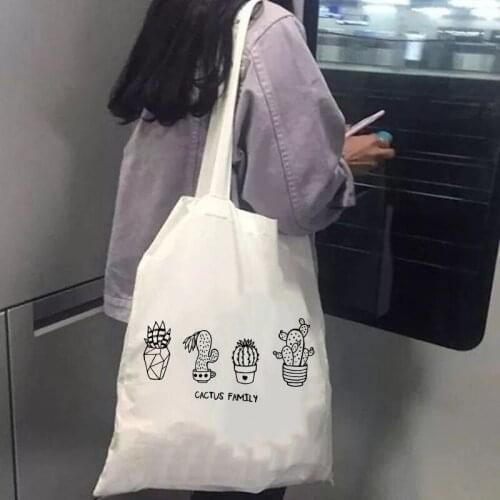 Cactus Plant Printed Handbag Women Shoulder Bag Canvas Summer Beach Bag Daily Use Female Shopping Bag Lady Casual Travel Handbag