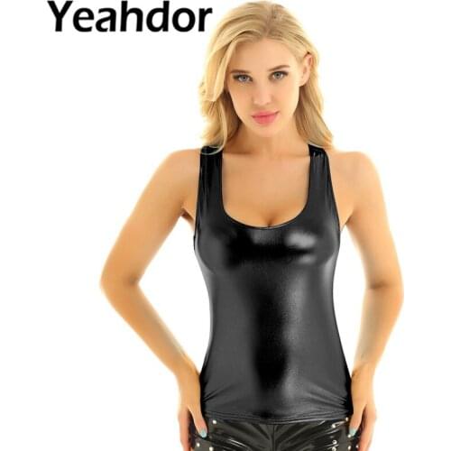 Womens Fashion Shiny Metallic Clubwear Punk Dance Tanks Tops Slim Fit U Neck Racer Back Summer Camisole Tank Top Vest Top Femme