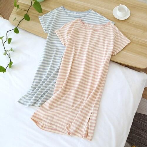 Womens Pajamas Spring Summer Cotton Nightgown Short Sleeves Sleepwear Slim Dress Striped Loose Casual Homewear for Women