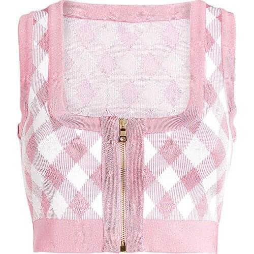 Pink Plaid Vest Top Women Sexy Tank Tops Celebrity Fashion Square Collar Short Knitted Zipper Short Tops Spring Summer 2021 New