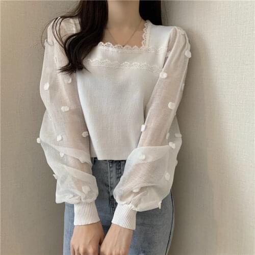 Woman Sweaters Gentle Square Collar Sweater For Women Western Style Inner Wear Spring Autumn Chiffon Long Sleeve Patchwork Top