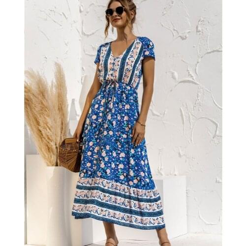 2021 Summer Short Sleeved Button Lace Up High Waist Stitching Print Long Dress Retro Bohemian Beach Womens Vestidos De Fiesta