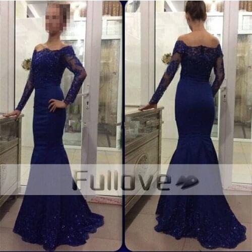 Top Quality Royal Blue Evening Dresses With Long Sleeve 2019 Boat Neck Slim Cut Mermaid Formal Party Gown Vestido Longo Kaftan