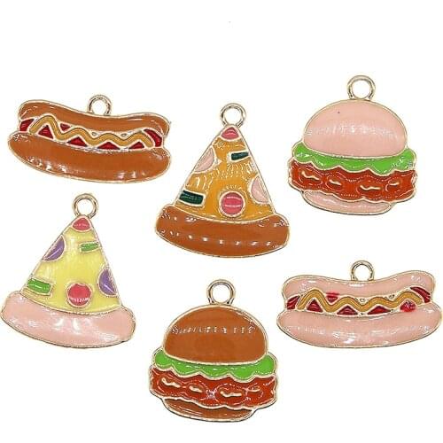 10pcs/lot 20*11mm Cute Enamel Foods Hot dog bun Pizza Hamburger Charms For Earrings Bracelet DIY Jewelry Making Findings XL1106