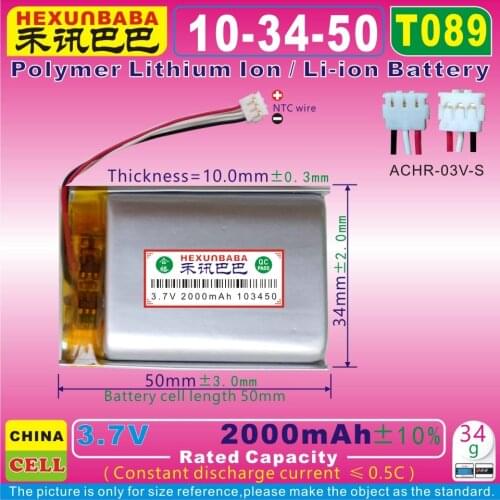 2pcs [T089] 3.7V 2000mAh [103450] ACHR-03V-S;NTC;THREE 3 WIRE;Polymer Li-ion battery for GARMIN GPS;EARTHPHONE MP3;MP4;SPEAKER