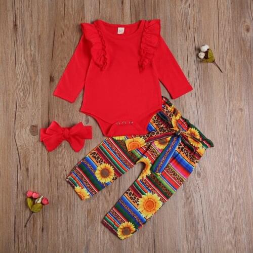 3PCS Infant Baby Girl Clothes Long Sleeve Crew Neck Ruffle Romper + Printed Pants + Headband Set