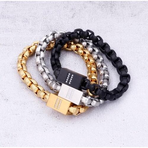 51g heavy new crystals stainless steel gold/black square rolo box link chain bracelet bangle hip-hop jewelry 8mm 8.26