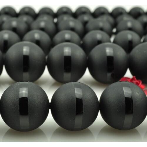 Free Shipping 16" Natural Stone Dull Polish Matte Black one Stripe Agata Onyx Round Loose Beads 6 8 10 MM Pick Size FAB09