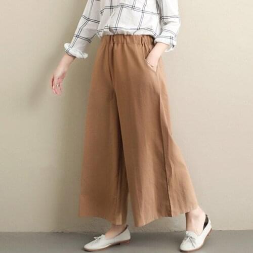Spring Summer New Loose Plus Size Cotton and Linen Wide Leg Pants Elastic Waist Casual Nine Points Trousers pantalon femme f1357