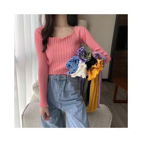 Black Long-sleeved kKnit Sweater One-neck Bottoming Shirt Womens Strip Solid Color Top Crop Fashion All-match Tos Spring Summer