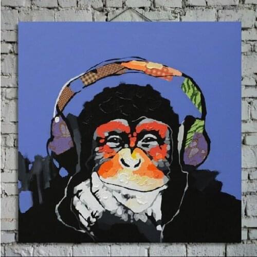 Decorative Canvas Oil painting Wall Picture Orangutan Wearing Earphone Modern Abstract Handmade Animal Oil Painting