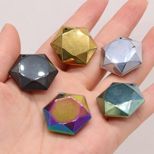Natural Stone Pendant Hematite Color Plating Pendant Hexagon Shape Charms for Making DIY Jewerly Necklace Gift 25x25mm