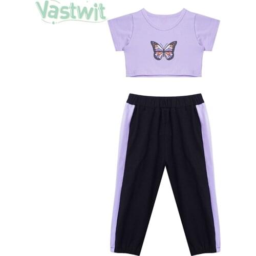Summer Toddler Active Clothing Suit Baby Girl Butterfly Print Crop Tops Patchwork Pants 2Pcs Kids Clothes Set Baby Sportswear