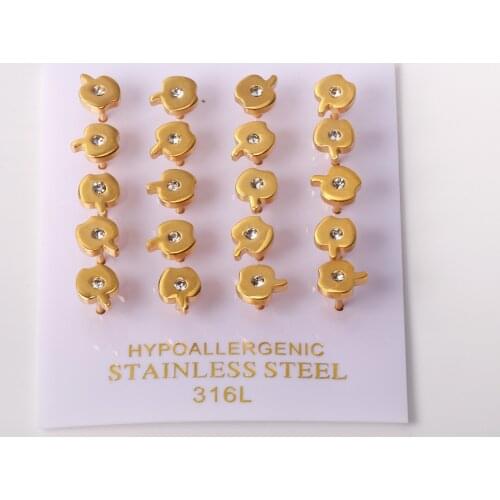316L Stainless Steel 10 Pairs/lot Small Apple Earrings with Cubic Zirconia Gold Color Tiny Ear Stud for Women Girl Jewelry Gift