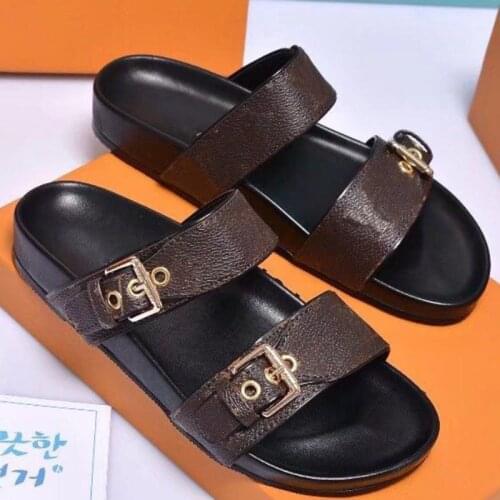 Mens leather slippers printed patent leather brand trend sandals leather letter slippers women size 35-45 with shoe box