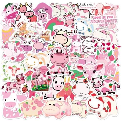 10/50pcs Kawaii Cartoon Pink Strawberry Cow VSCO Stickers for Girl Kids DIY Skateboard Suitcase Laptop Bicycle Helmet Car Decals