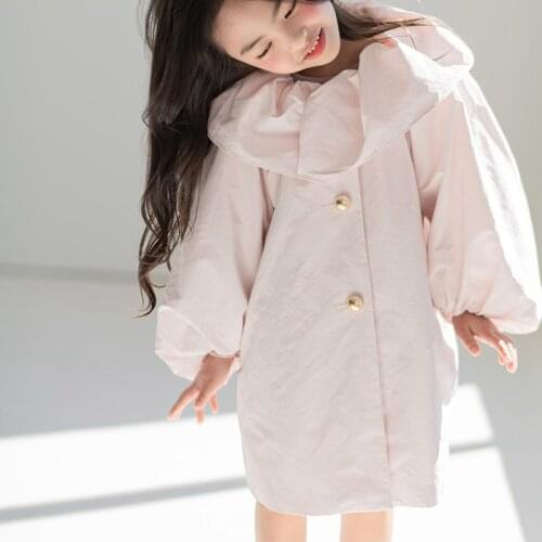 2 3 4 5 6 Years Girls Windbreaker Casual Korean Puff Sleeves Toddler Baby Trench Fashion Lace Collar Kids Jackets Girl Outerwear
