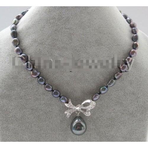 Free Shipping 17 " 9-11mm black color baroque freshwater pearl necklace + butterfly 20mm shell