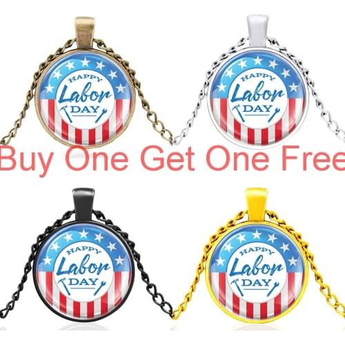 Classic Fashion Usa Happy Labor Day Gold Color Glass Dome Charm Pendant Necklace Men Women Jewelry Accessories Gifts