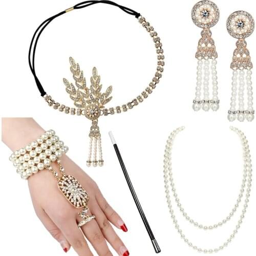 1920s Great Gatsby Accessories Set for Women 20s Costume Flapper Headband Pearl Necklace Bracelet Earring Cigarette Holder