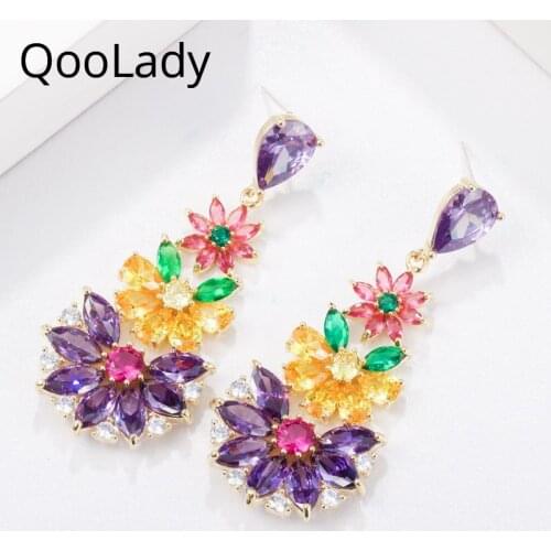 Qoolady Charming Purple Yellow Cubic Zircon Crystal Flower Leaf Multicolor Long Drop Dangle Earring for Brides Jewelry E024