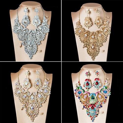 Luxury Gold Color Crystal Bridal Jewelry Set For Women Statement Necklace Earring Rhinestone Wedding Accessories African Fashion