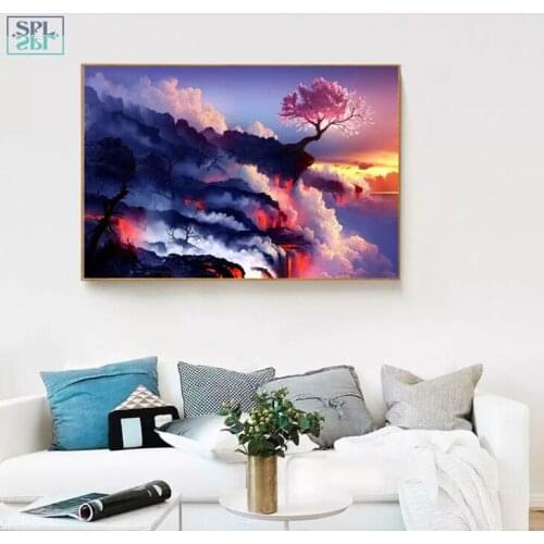 SPLSPL Modern Volcanic Landscape Wall Decoration Picture Cherry Flower Tree Canvas Art Print Poster Home Decor Painting No Frame