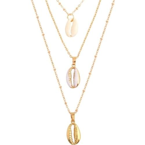Three Layers Natural White Golden Shell Bohemia Golden Alloy Pendants For Women Fashion Necklace On Neck