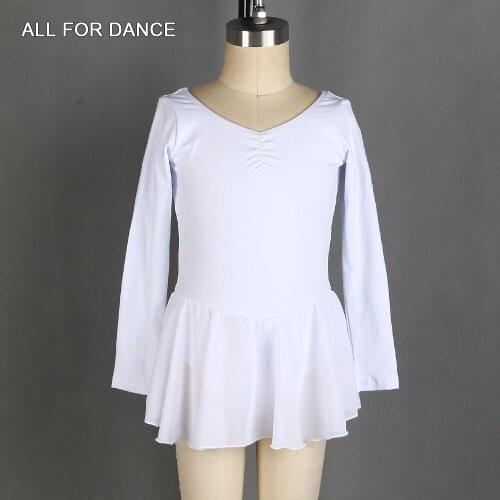 Long Sleeve Pinch Front Cotton Leotard with Chiffon Skirt for Kids Practice Dancewear Ballet Dance Skirted Leotard 03D0012