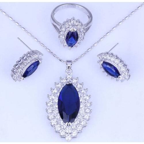 Love Monologue Exquisite Eye Shaped Blue Crystal Cubic Zirconia Silver Color Jewelry Sets Rings Size 7 / 8 / 9 H0253