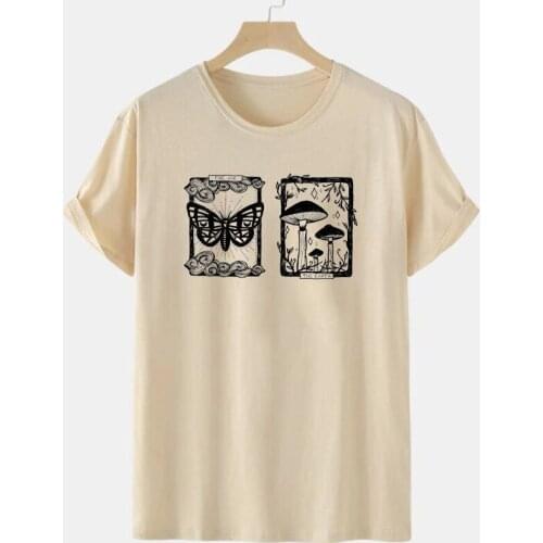 Mushroom Tarot Card Print T-Shirt Women Vintage Fashion Cotton Short Sleeve Printed Tee Cute Aesthetic Shirt Botanical Clothing