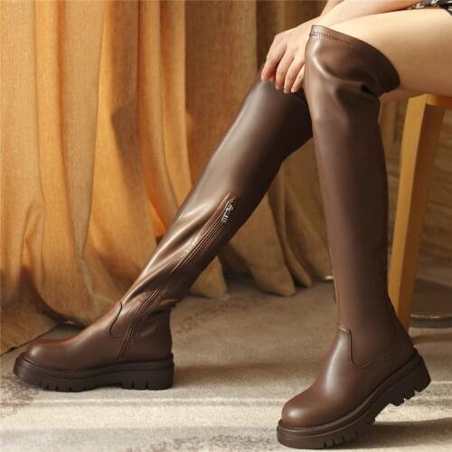 2021 Thigh High Platform Pumps Shoes Women Genuine Leather Over The Knee High Motorcycle Boots Female Round Toe Fashion Sneakers