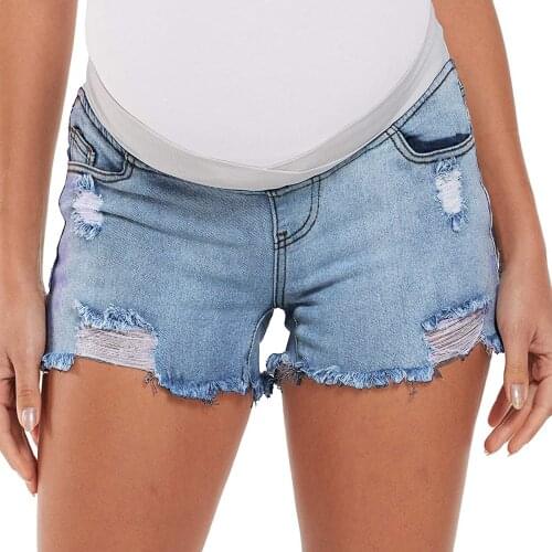 Women Maternity Elastic Band Jeans Solid Color Ripped Denim Shorts Harajuku Ripped Denim Shorts Pocket Джинсы Женские #T2Q