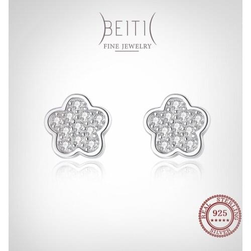 Beitil Real 925 Sterling Silver Fashion Flower CZ Stud Earrings For Women Girl Cute Accessories Fine Jewelry Gift