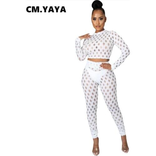 CM.YAYA Women Set Solid Hole Hollow Out Full Sleeve Crop Tops Pencil Pants Two Piece Sets Sexy Tracksuit Sweatsuit Summer Outfit