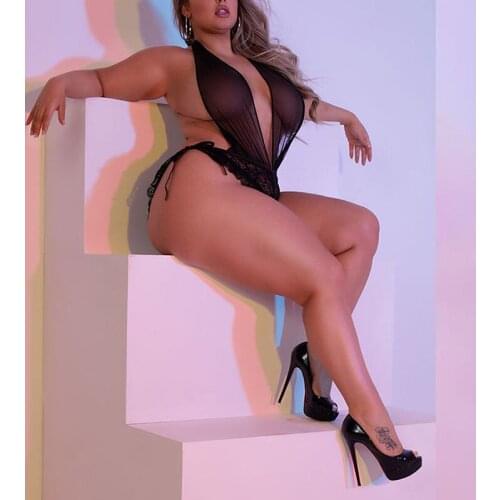 OMSJ Ladies Backless Mesh Transparent Sexy Pajamas Jumpsuit Large Size Thin Fabric Lace Up Sleeveless V Neck New Summer Bodysuit