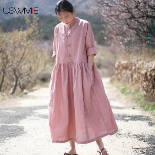 2020 New Plus Size Dress Chinese Style Retro Button Loose Vintage Solid Color Vestidos Pockets High Waist Long Sleeve Maxi Dress